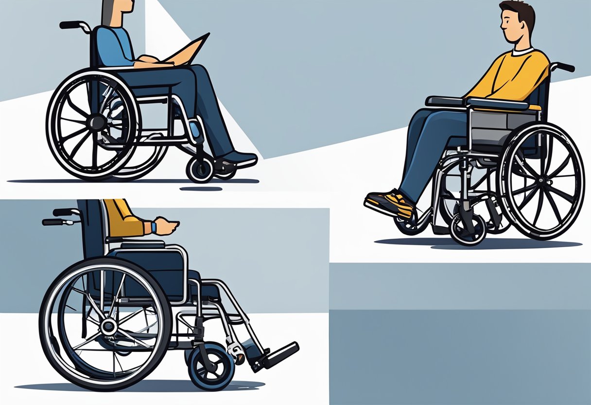 A person carefully compares different manual wheelchairs in a showroom, examining features and specifications in a wheelchair buying guide