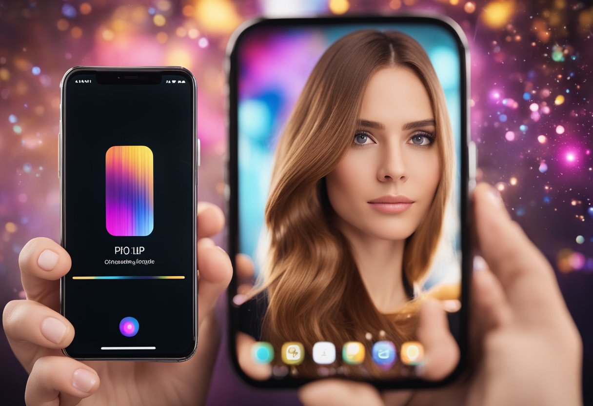 A smartphone with a hair color changing app open, displaying a range of color options on the screen. A model's photo is visible, with the app digitally altering the hair color in real-time