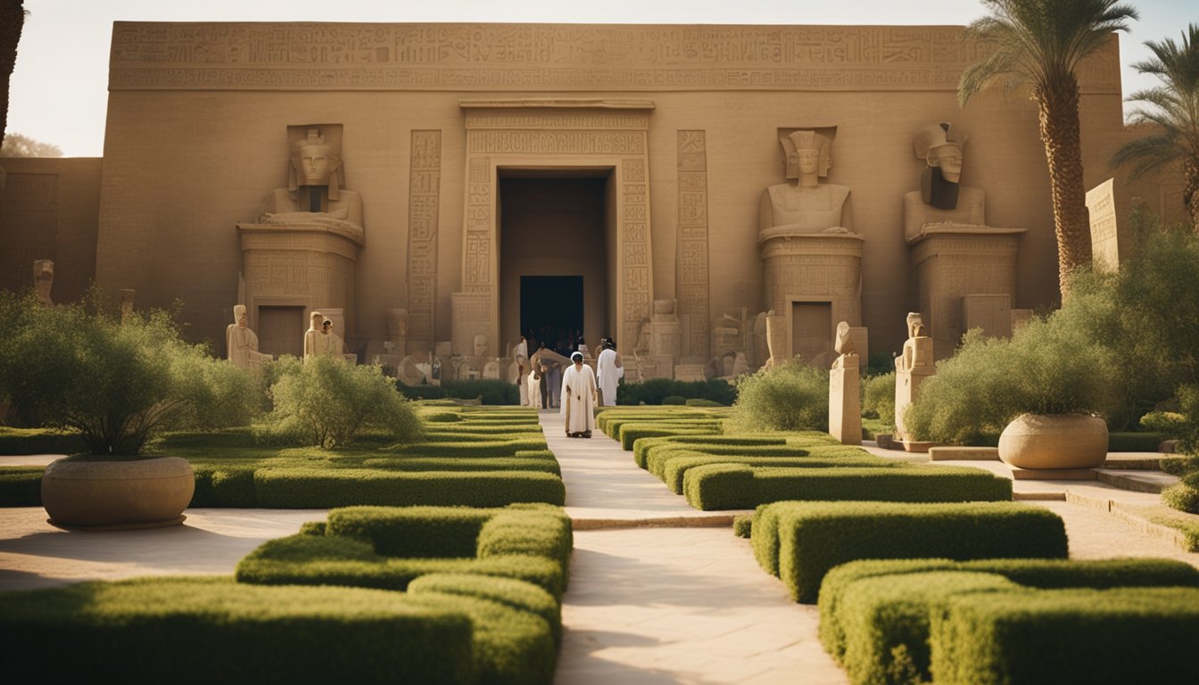 King Tut's extended family gathered around a grand ancient Egyptian palace, with hieroglyphics adorning the walls and lush gardens surrounding the majestic structure