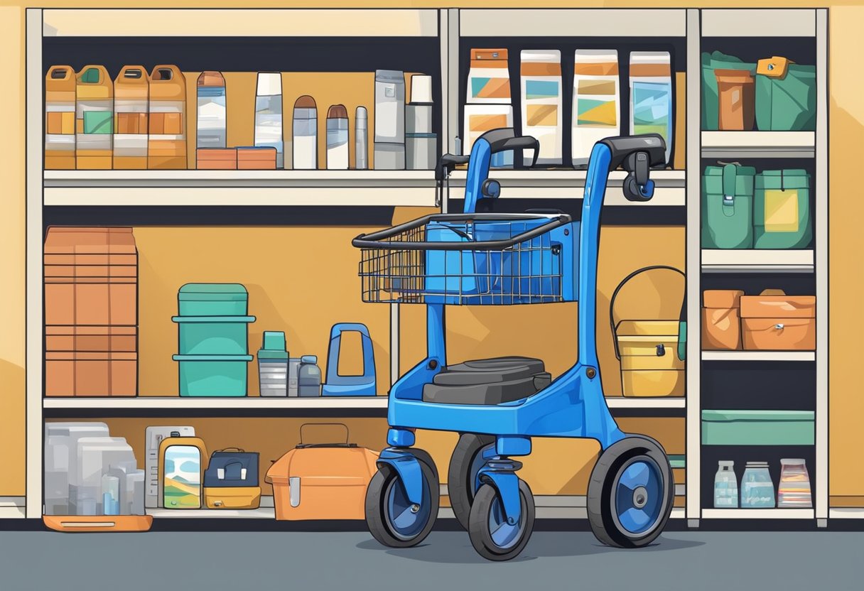 A rollator surrounded by various accessories and maintenance items, such as cup holders, baskets, and tool kits, displayed on a shelf in a store