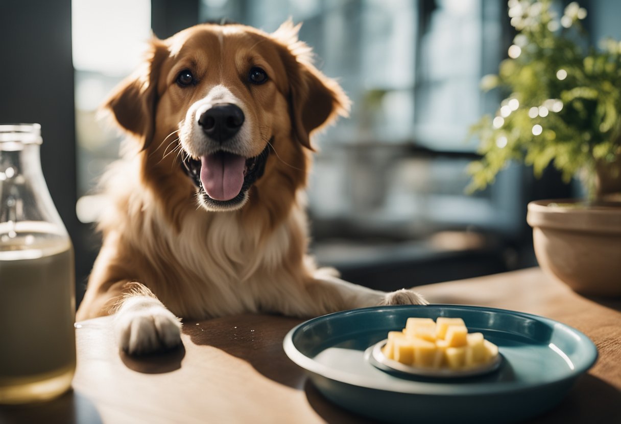 A happy dog of the right breed, being cared for with a brush and a bowl of water