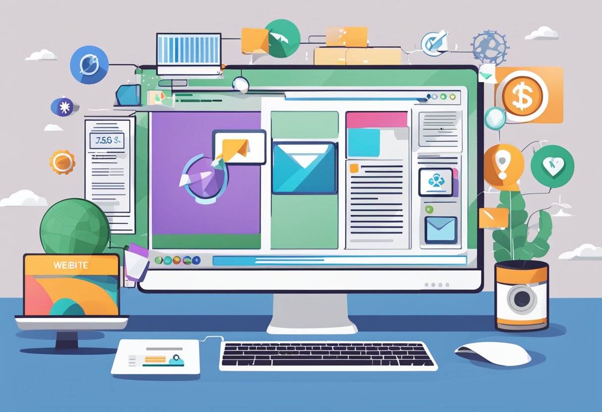 A computer screen displays a website with various affiliate marketing products. A traffic sign points towards the website, symbolizing the drive to attract visitors