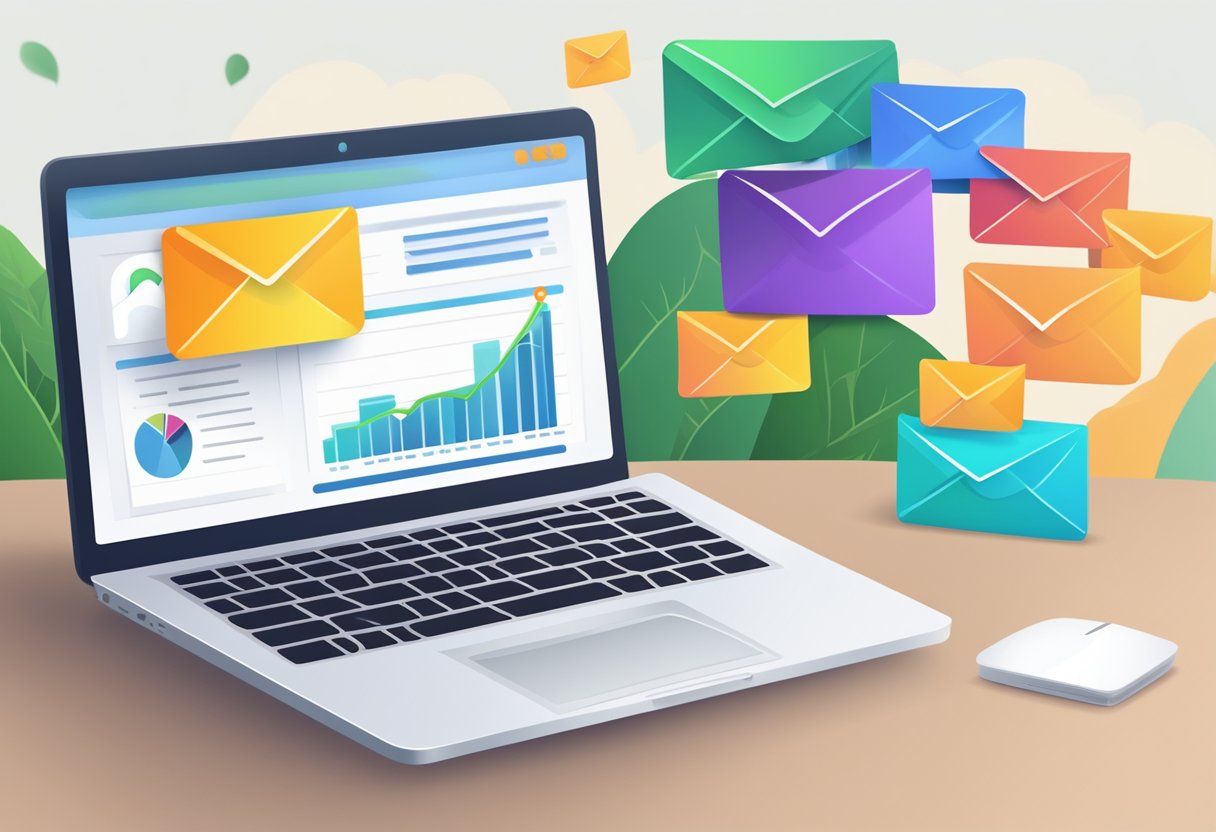 A laptop displaying an email marketing campaign with a call-to-action button. A graph showing increased website traffic. A website with affiliate products