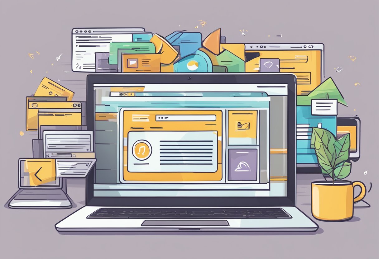 A laptop displaying a variety of affiliate marketing websites, with arrows pointing to them and the words "Paid Traffic Acquisition" above