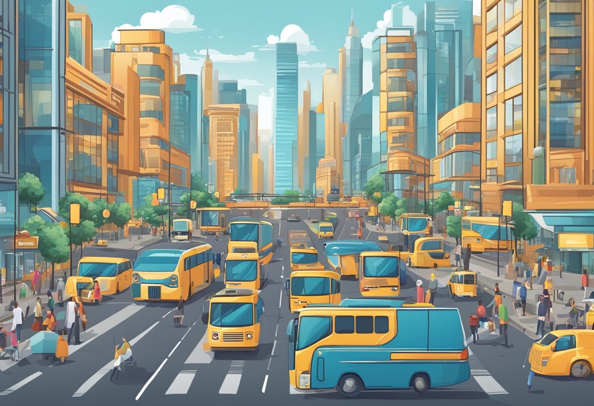 A bustling city street with various modes of transportation, including cars, buses, and bicycles. Signs and billboards advertise different affiliate marketing websites