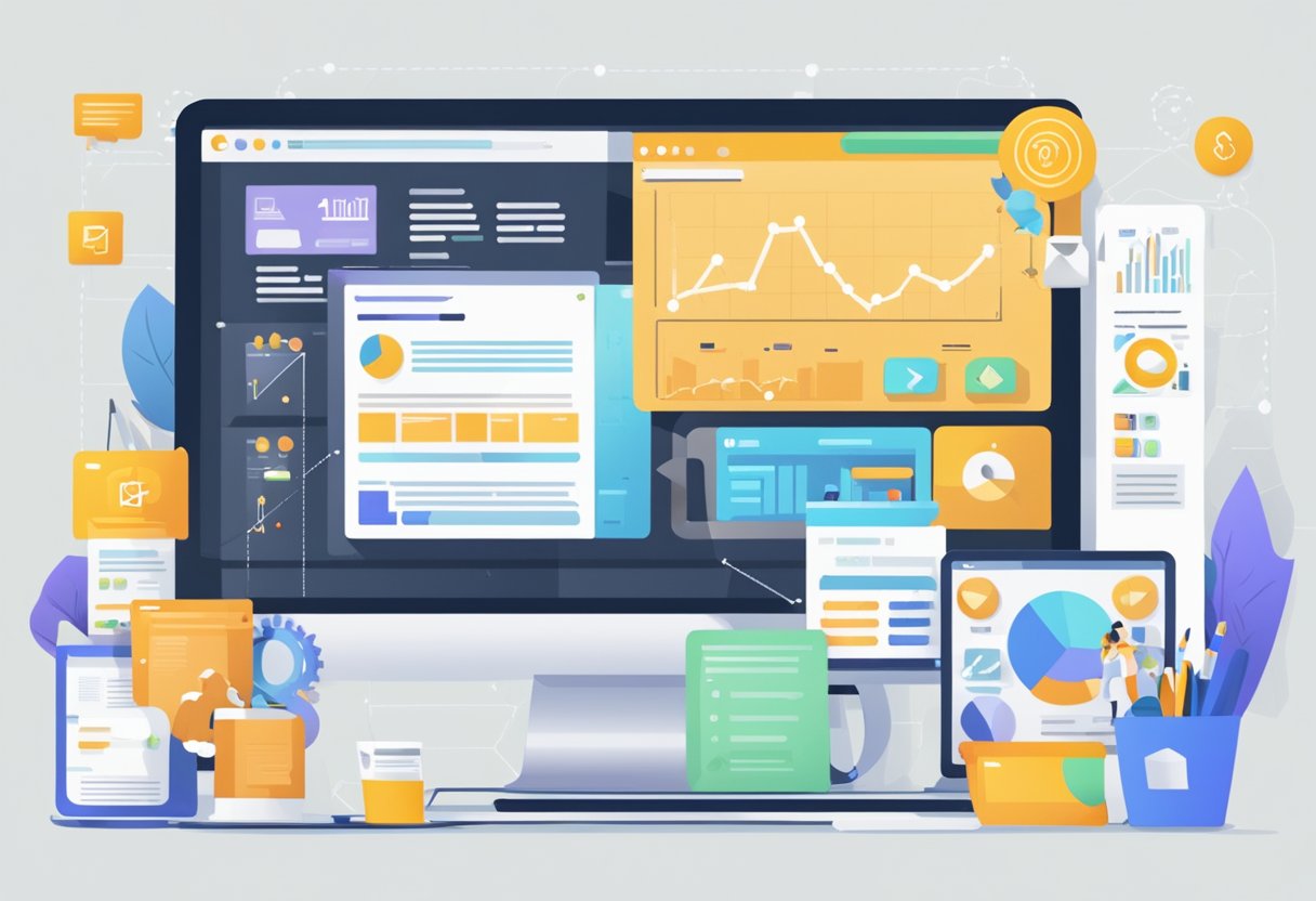A computer screen with a website showing high traffic and conversion rates, surrounded by various marketing tools and strategies