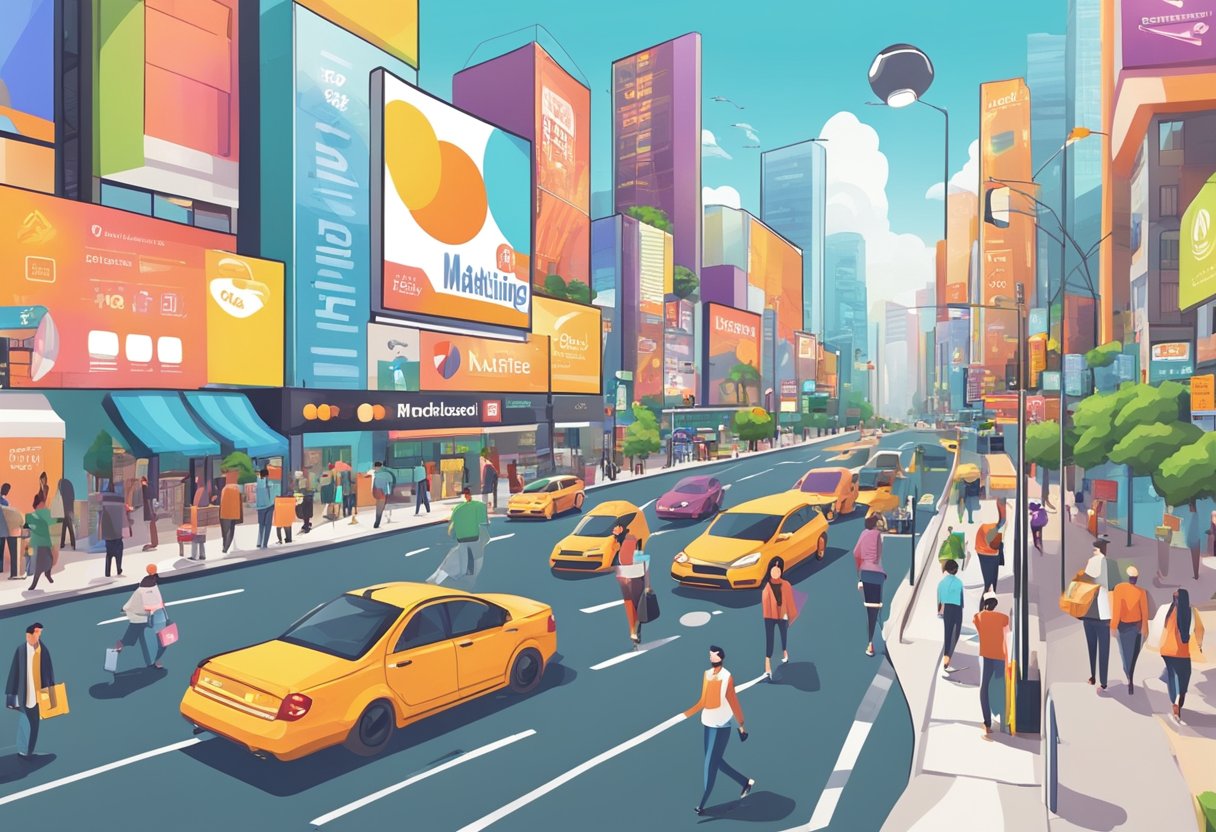 A bustling city street with colorful billboards and signs promoting various affiliate marketing websites. Pedestrians walk by, while cars drive past, creating a lively and energetic atmosphere