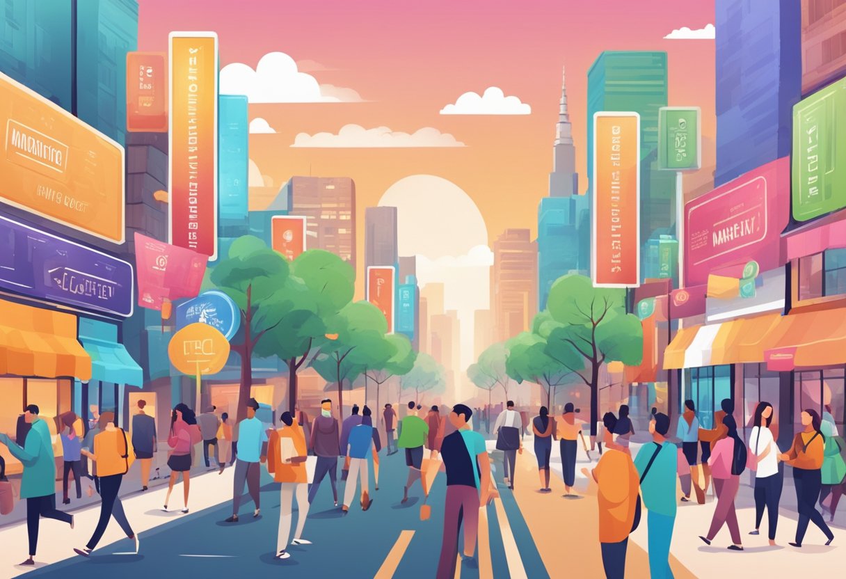 A bustling city street with colorful banners and signs promoting various affiliate marketing websites, with people walking by and engaging with the content