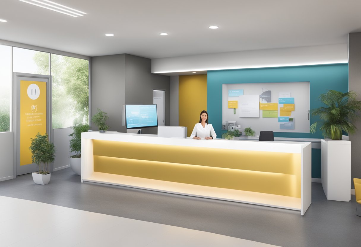 A sleek, modern clinic with bold signage and attractive brochures. A digital display showcases before-and-after images, while a friendly receptionist greets potential clients