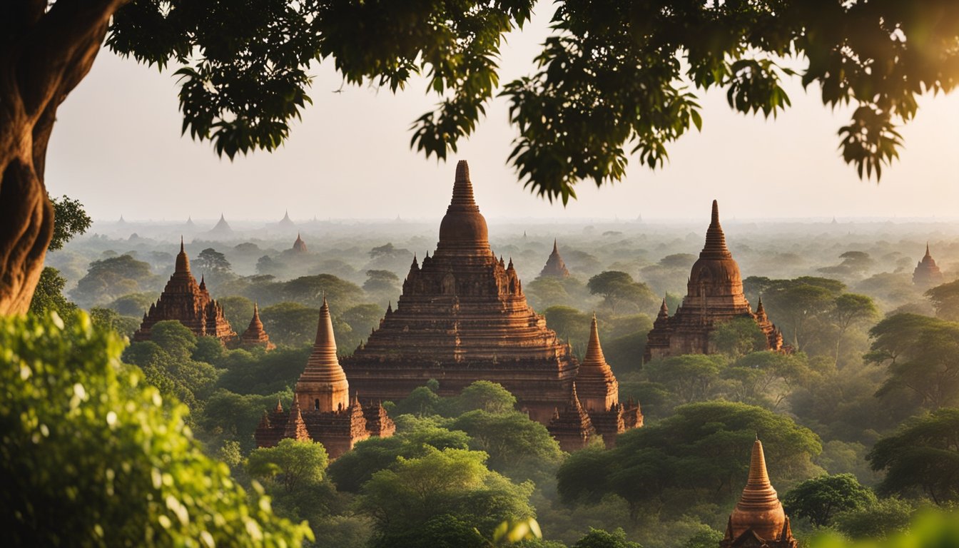 The ancient temples of Bagan, Myanmar, surrounded by lush greenery and a serene atmosphere