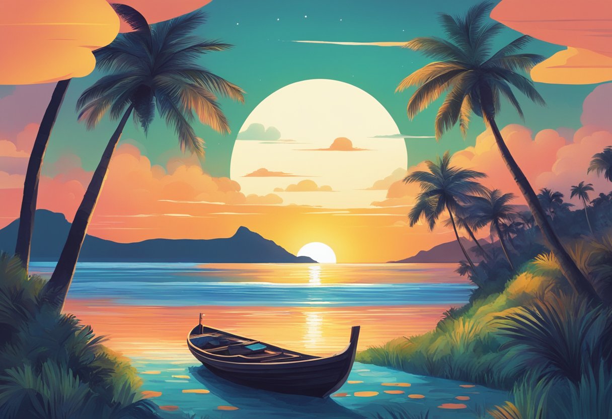 Temu's arrival in Brazil: A vibrant sunset illuminates the coastline as Temu's boat approaches the shore, with palm trees swaying in the warm breeze