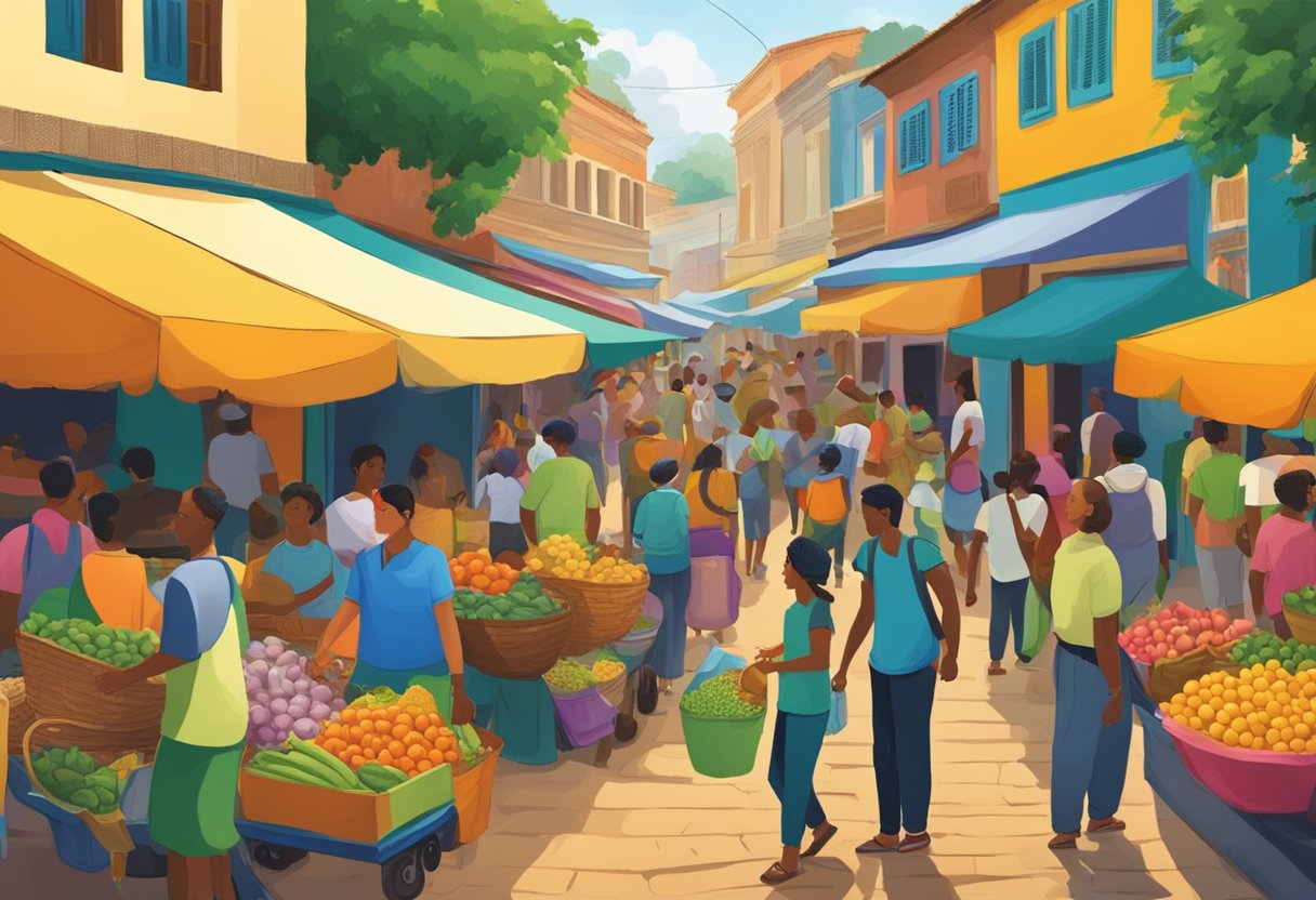 A Brazilian market scene with Temu's arrival, bustling activity, and vibrant colors