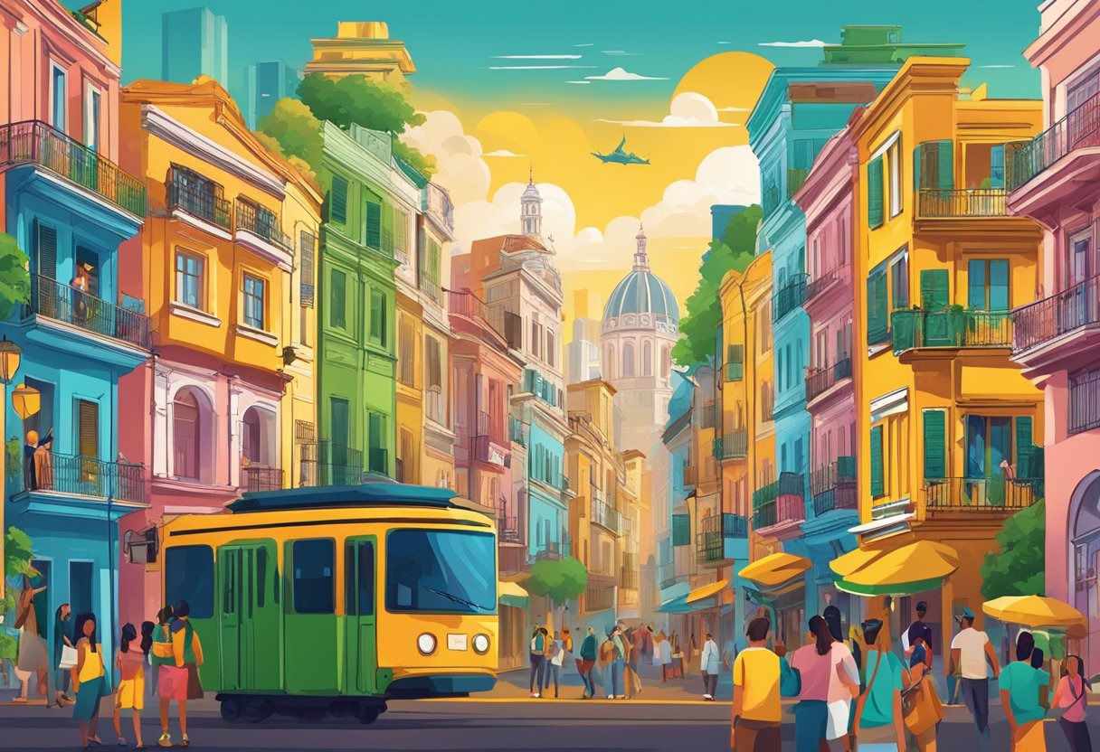 A colorful, vibrant cityscape with iconic Brazilian landmarks, bustling streets, and diverse people enjoying the arrival of Frequently Asked Questions Temu in Brazil