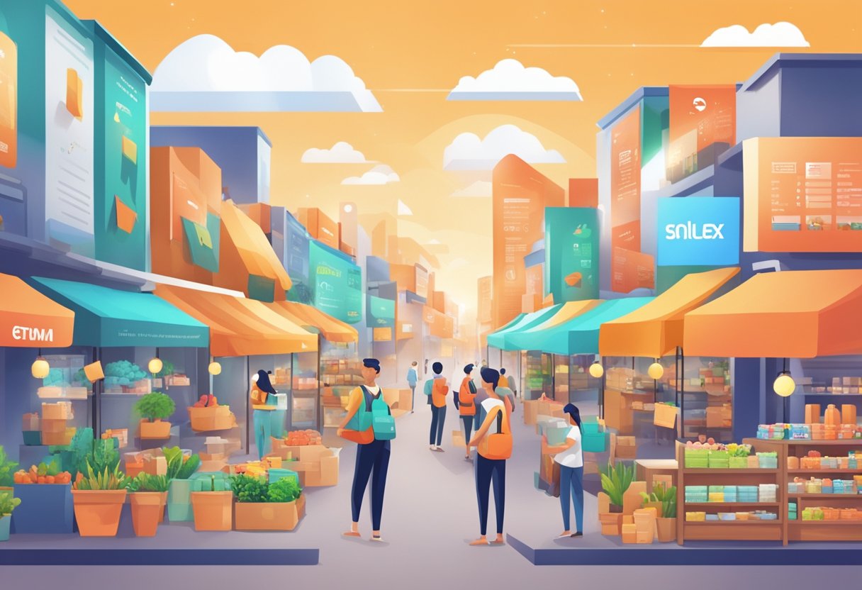 A bustling marketplace with colorful banners and digital screens showcasing Temu's e-commerce platform, overshadowing the logos of Shopee and Aliex