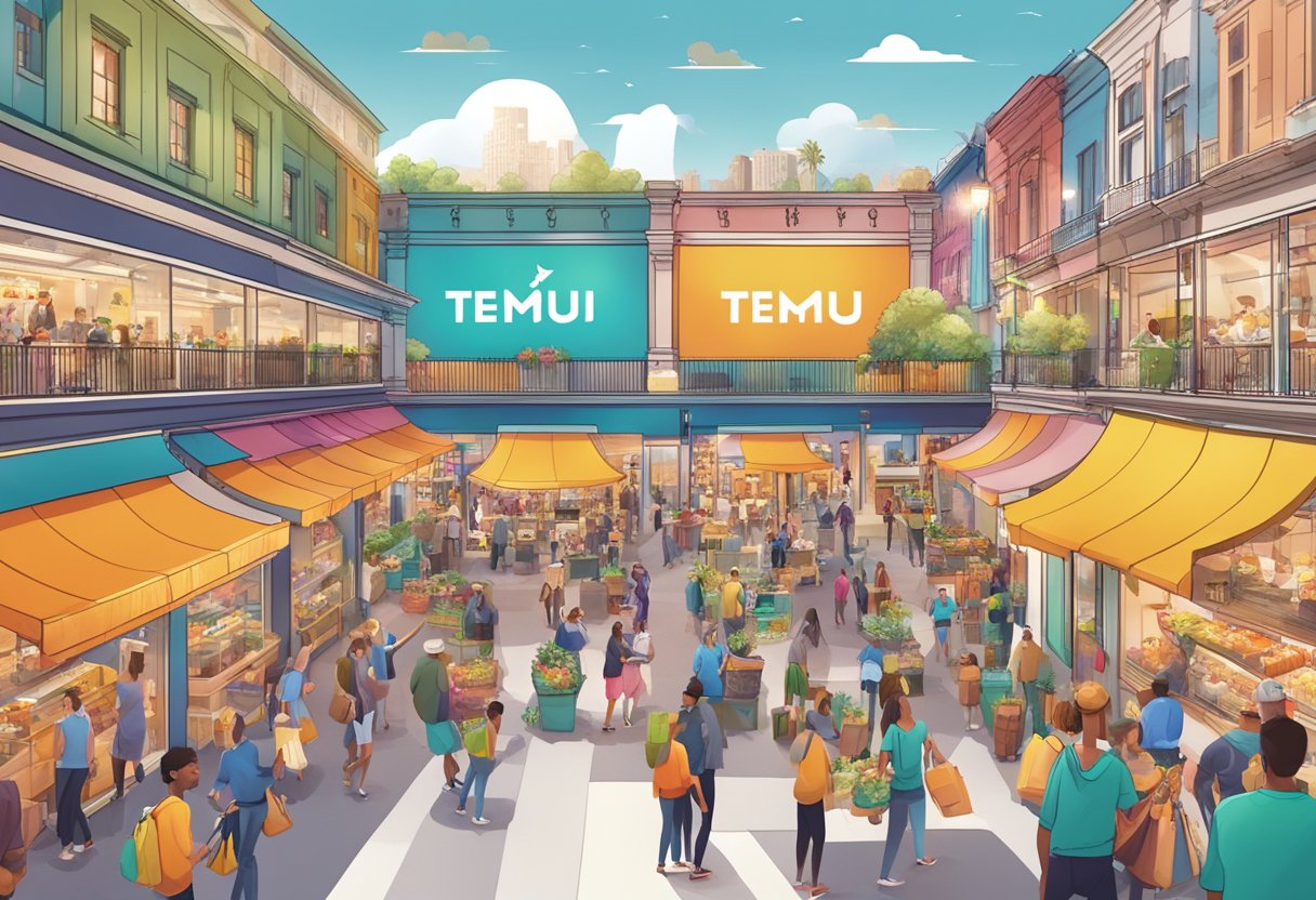 A vibrant marketplace with Temu's logo dominating the center, surrounded by excited shoppers and a buzz of activity