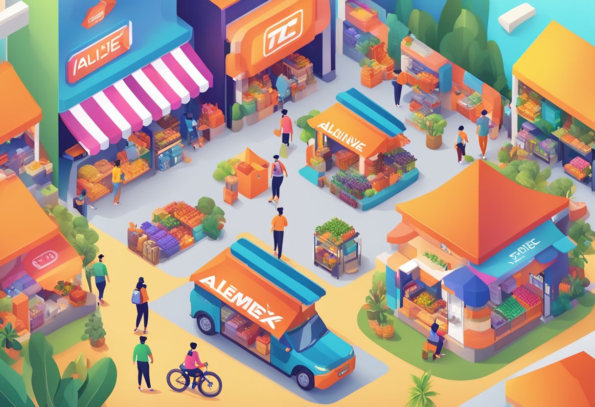 A vibrant marketplace with Temu Temu logo dominating the center, surrounded by bold and colorful product offerings, overshadowing the logos of Shopee and Aliex