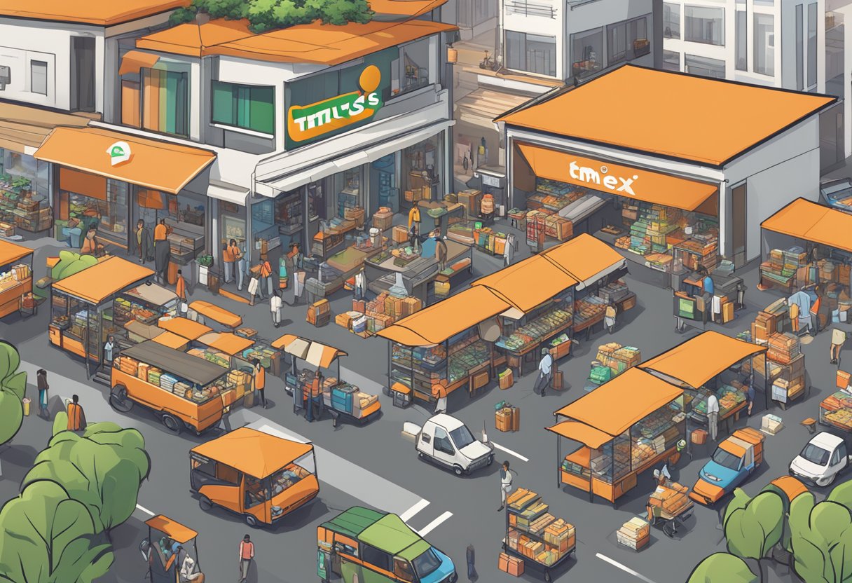 A bustling Brazilian marketplace with Temu's logo towering over Shopee and Aliex, representing its impact on e-commerce in the country