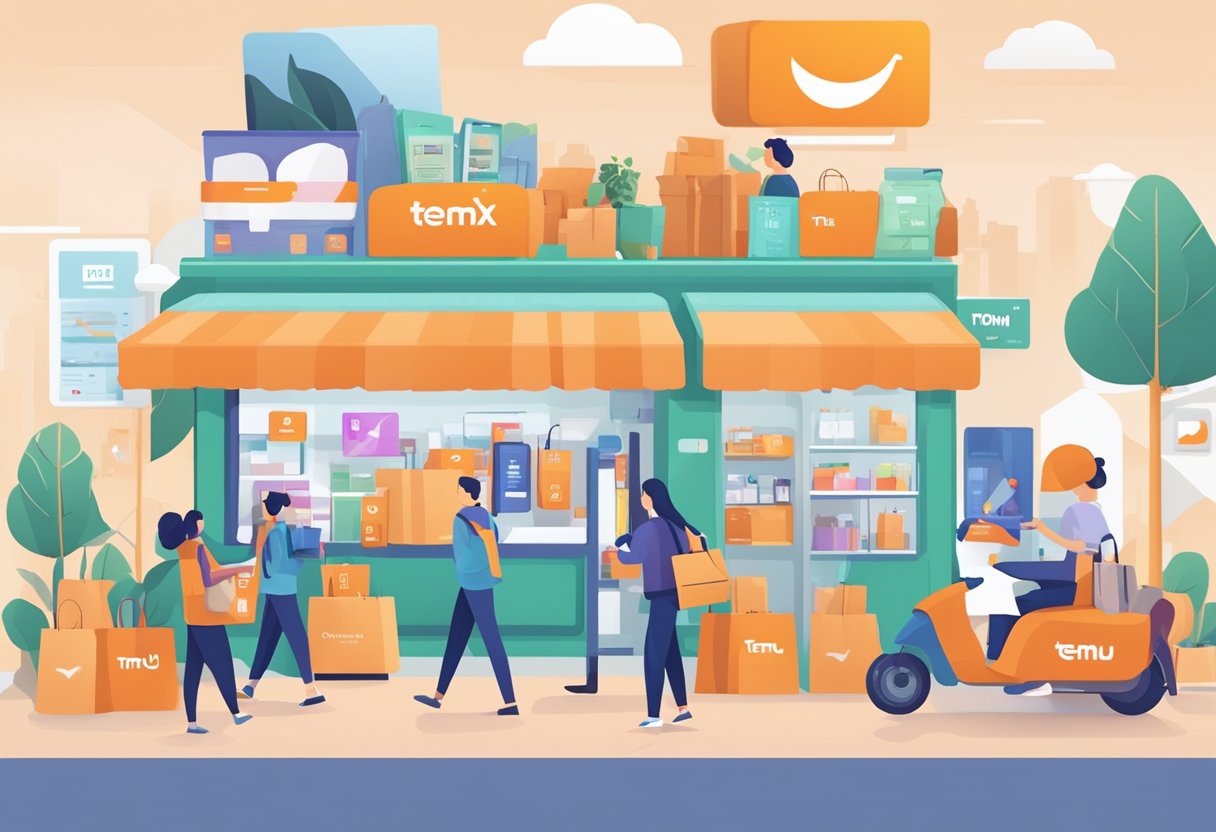 A bustling e-commerce marketplace with Temu's logo prominently displayed, overshadowing Shopee and Aliex. Customers browse and purchase products with ease, while sellers enjoy the platform's innovative features