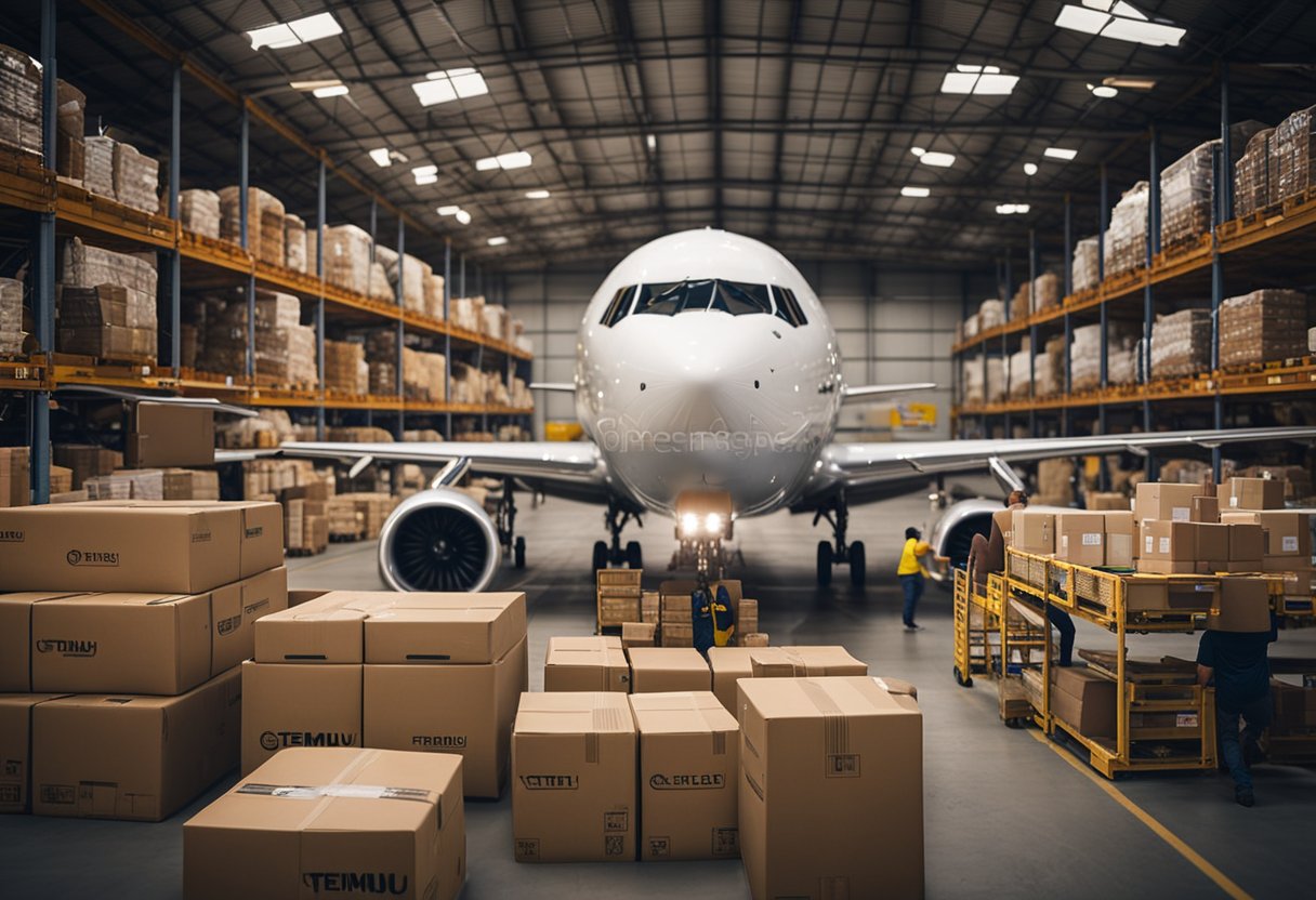 A cargo plane lands in Brazil, unloading packages labeled "Temu". The bustling e-commerce market is depicted with warehouses, delivery trucks, and online shoppers