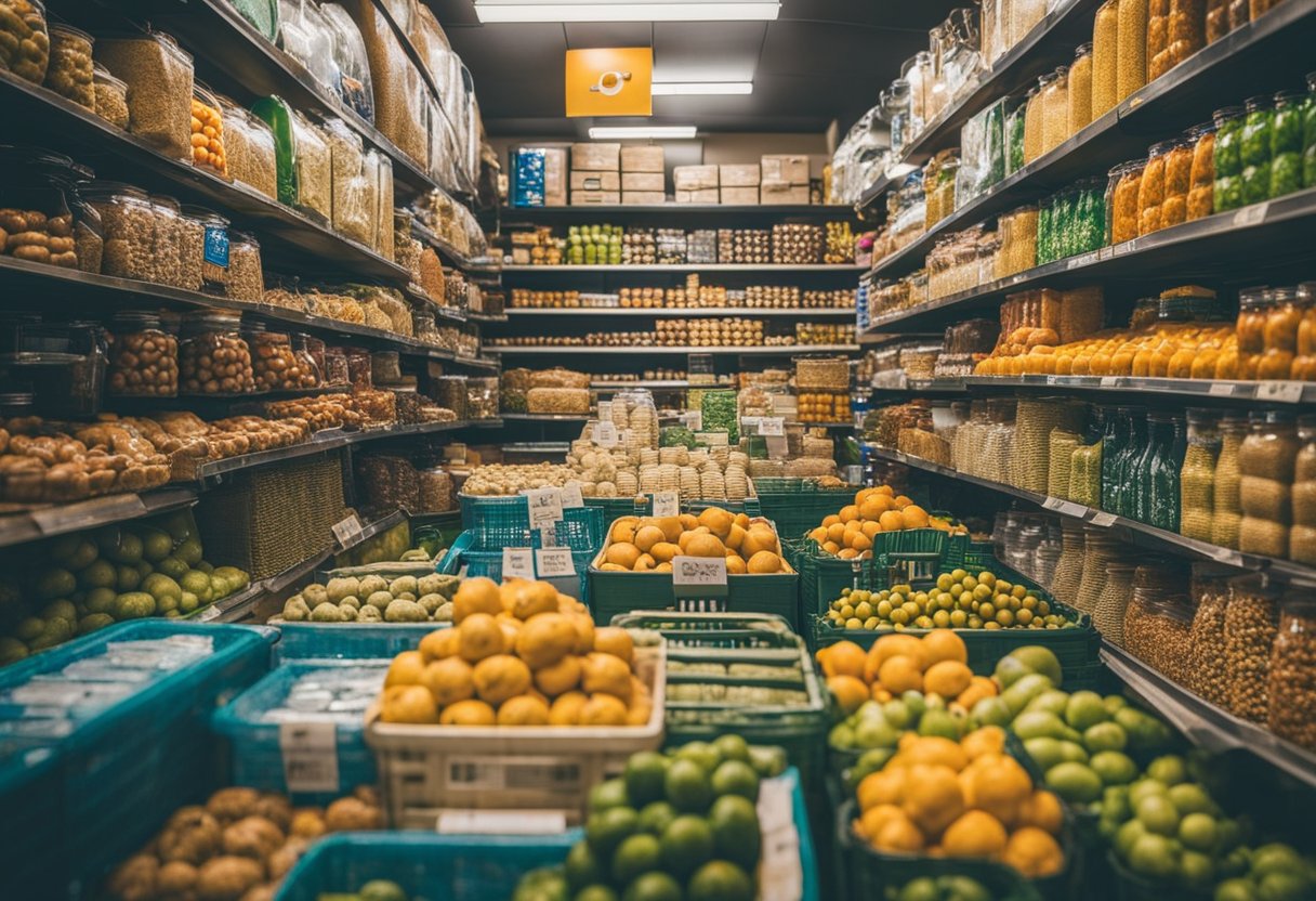 A bustling Brazilian marketplace, with vibrant colors and diverse products on display. A digital storefront stands out, representing the arrival of Temu, a new e-commerce powerhouse in the country