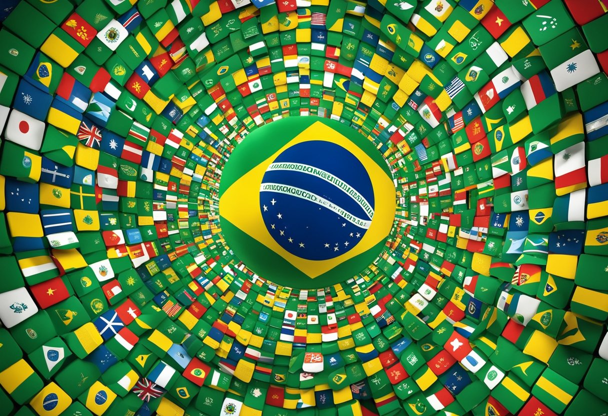 A vibrant Brazilian flag waving in the wind, with an array of e-commerce symbols and icons surrounding it, representing the new power of e-commerce in Brazil