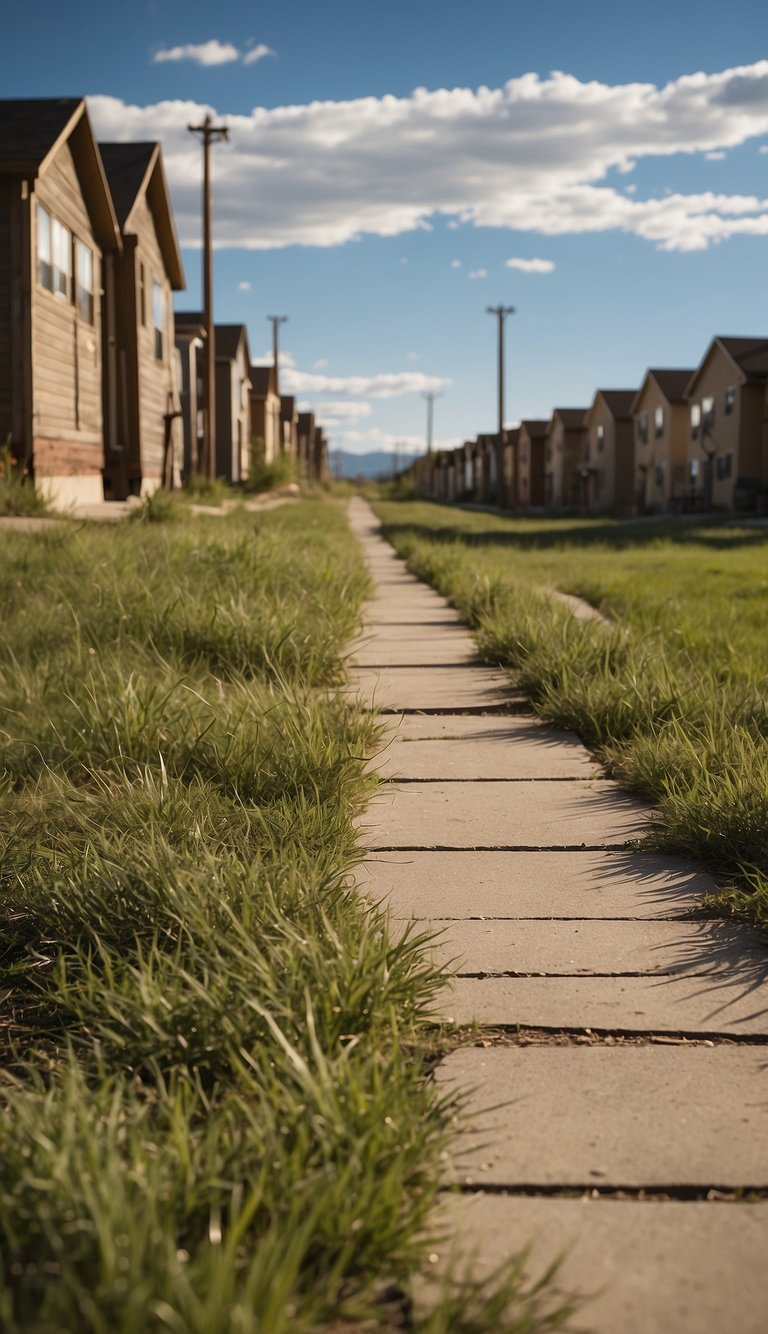 A row of low-income housing projects in Adams County, Colorado. The buildings are worn and weathered, with cracked sidewalks and overgrown grass