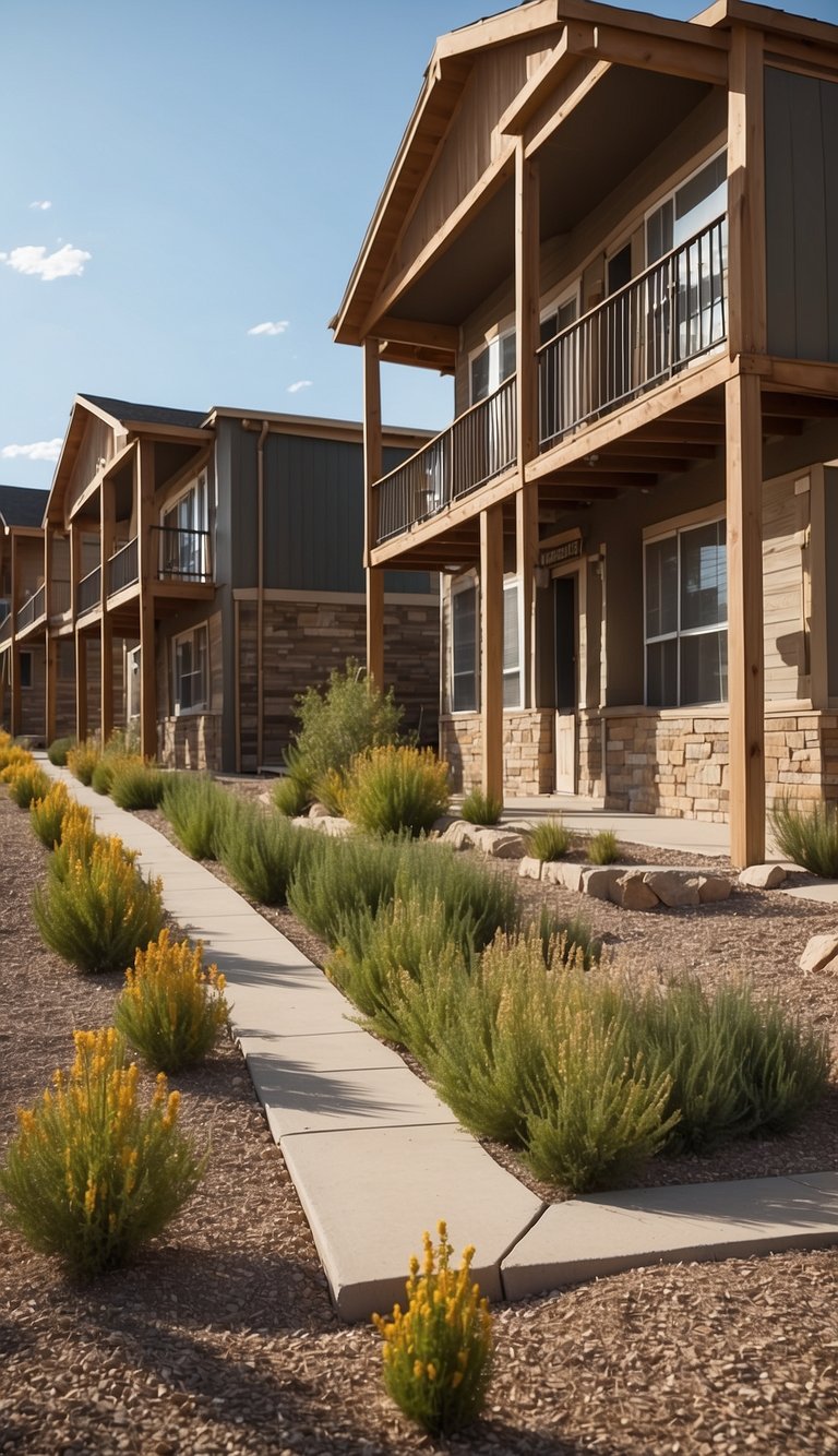 A row of low-income housing projects in Adams County, Colorado, with small, modest buildings and communal outdoor spaces