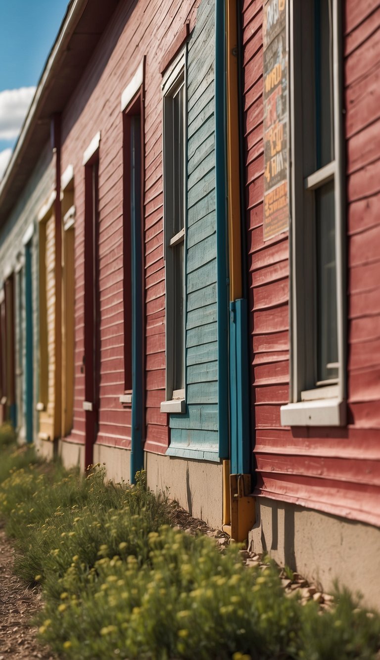 A row of colorful low-income housing buildings in Adams County, Colorado, with "Eligibility and Application" signs displayed prominently