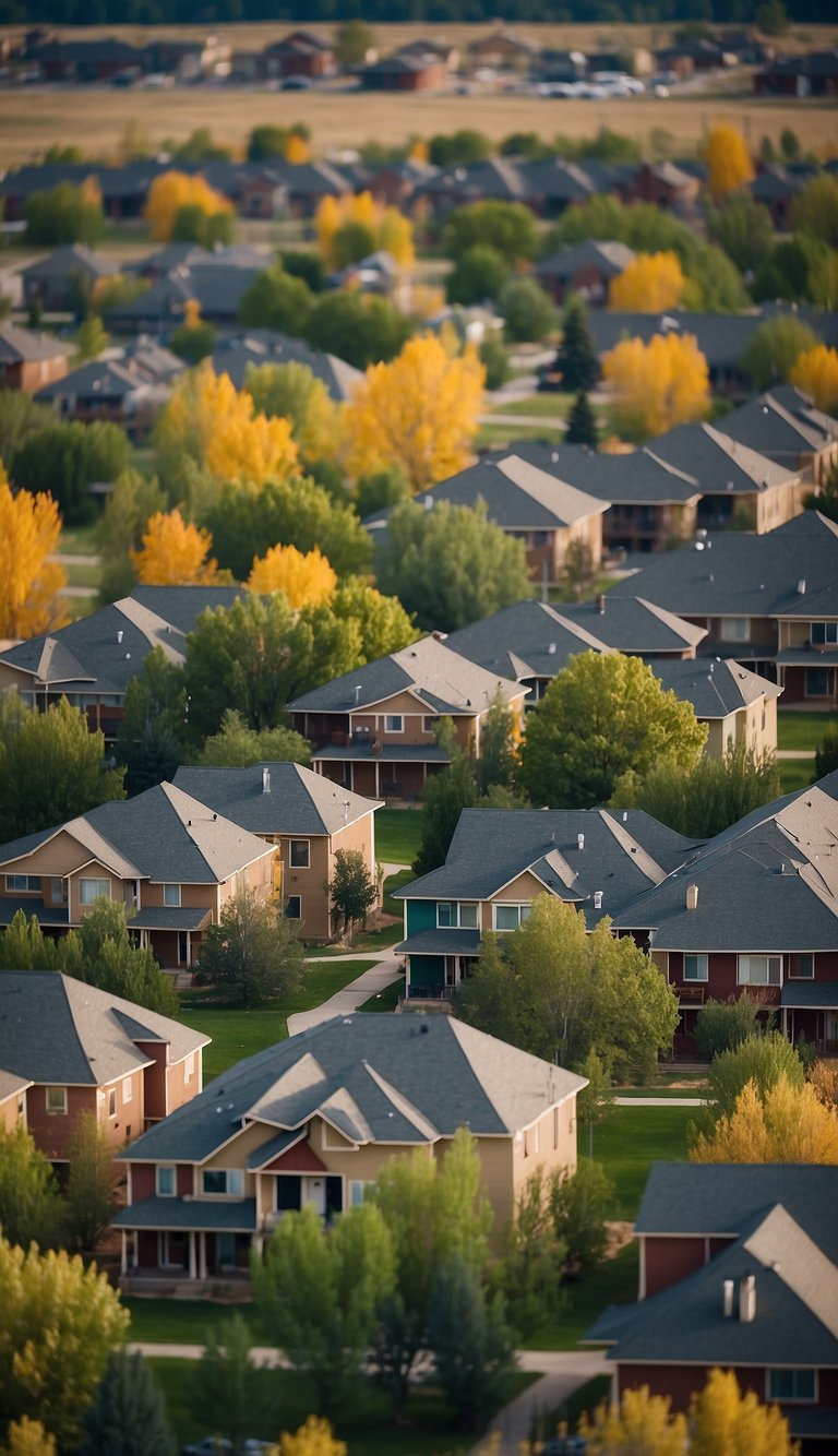 A row of low-income housing projects in Adams County, Colorado, with colorful buildings and green spaces