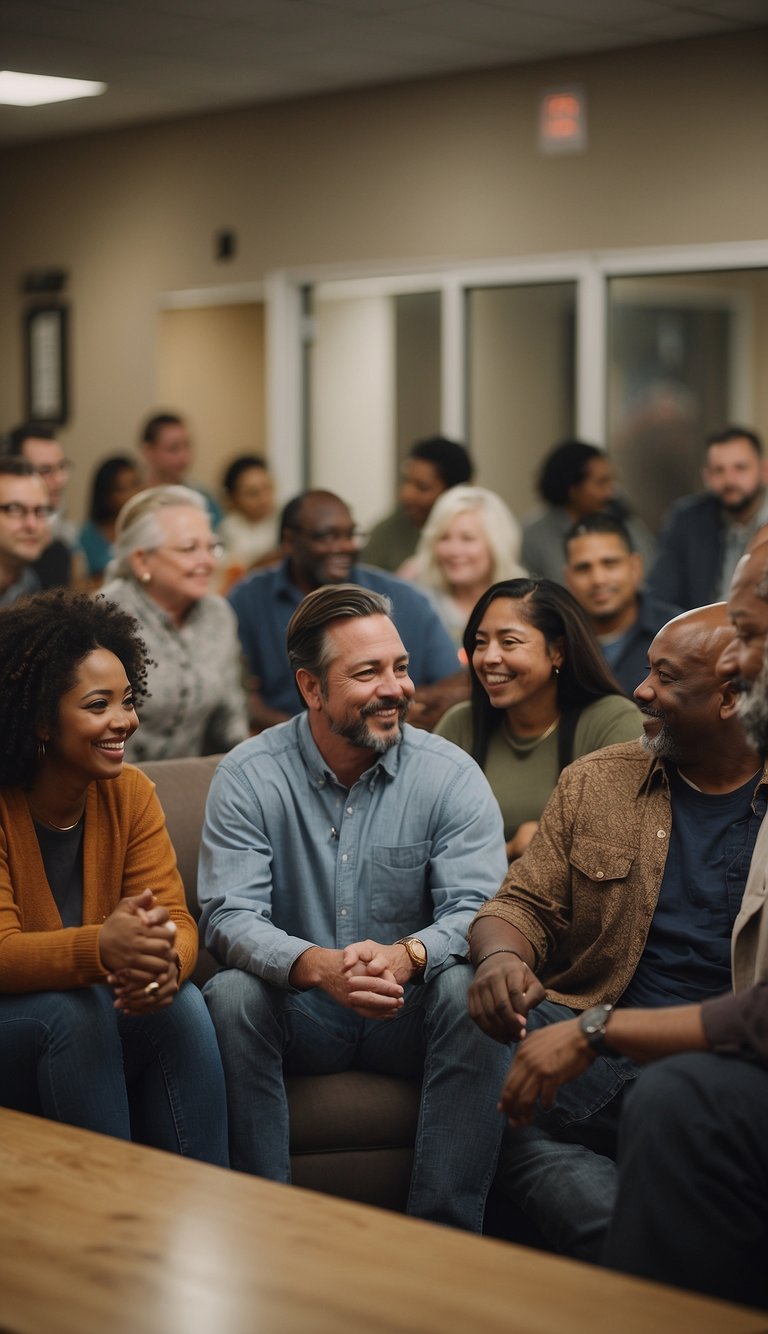 A diverse group of residents gather in a community room, discussing tenant rights and legal aspects of low-income housing projects in Adams County, Colorado