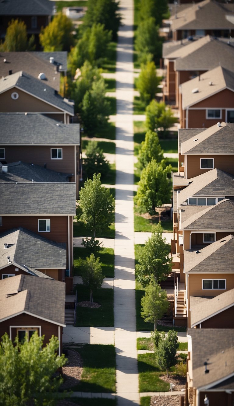 Families in low-income housing in Adams County, Colorado. Rows of identical buildings with small yards and playgrounds