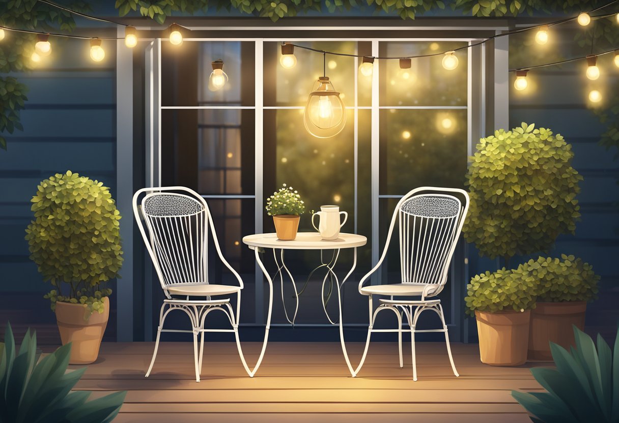 A cozy outdoor bistro set with a small round table and two chairs, surrounded by potted plants and hanging string lights, creating a warm and inviting atmosphere