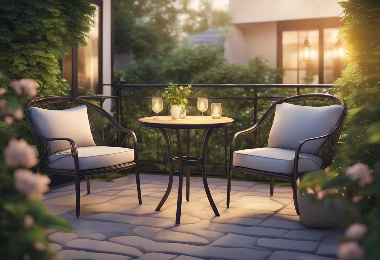 A cozy outdoor bistro set with stylish chairs and a matching table, surrounded by lush greenery and soft lighting