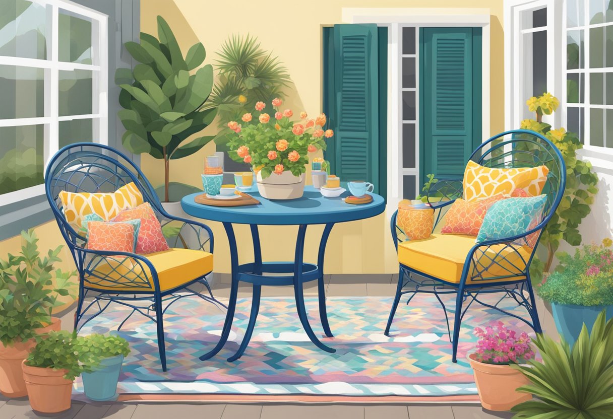 A colorful outdoor bistro set with a table and two chairs, adorned with bright cushions and a patterned tablecloth. Surrounding the set are potted plants, string lights, and a small outdoor rug