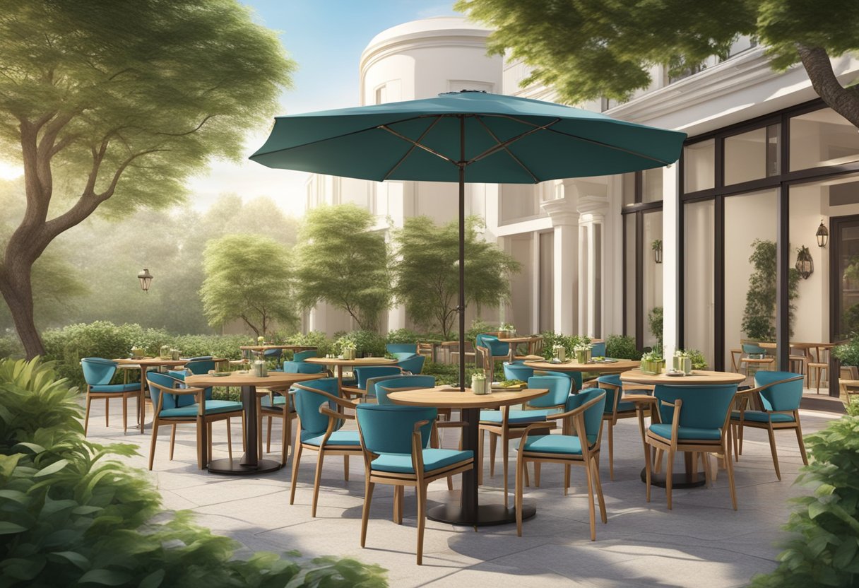 A variety of bistro sets are displayed in a spacious outdoor setting, surrounded by lush greenery. The sets are arranged in an inviting manner, showcasing different styles and materials for potential customers