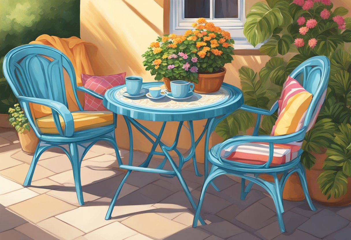 A bistro set sits on a patio, surrounded by potted plants. The table is adorned with a colorful tablecloth, and the chairs are draped with cozy cushions. The sun shines down, casting a warm glow on the inviting scene