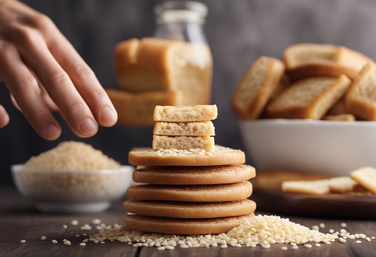 Does Gluten Sensitivity Cause Weight Gain: A stack of gluten-free and gluten-containing foods, with a person showing signs of discomfort after consuming gluten