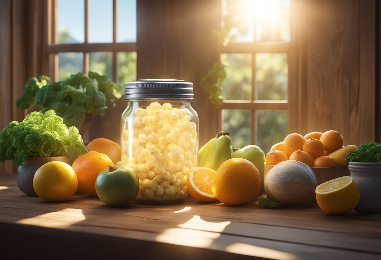 A glowing jar of "Gut Glow Up" collagen sits on a rustic wooden table, surrounded by vibrant fruits and vegetables, with rays of sunlight streaming in from a nearby window