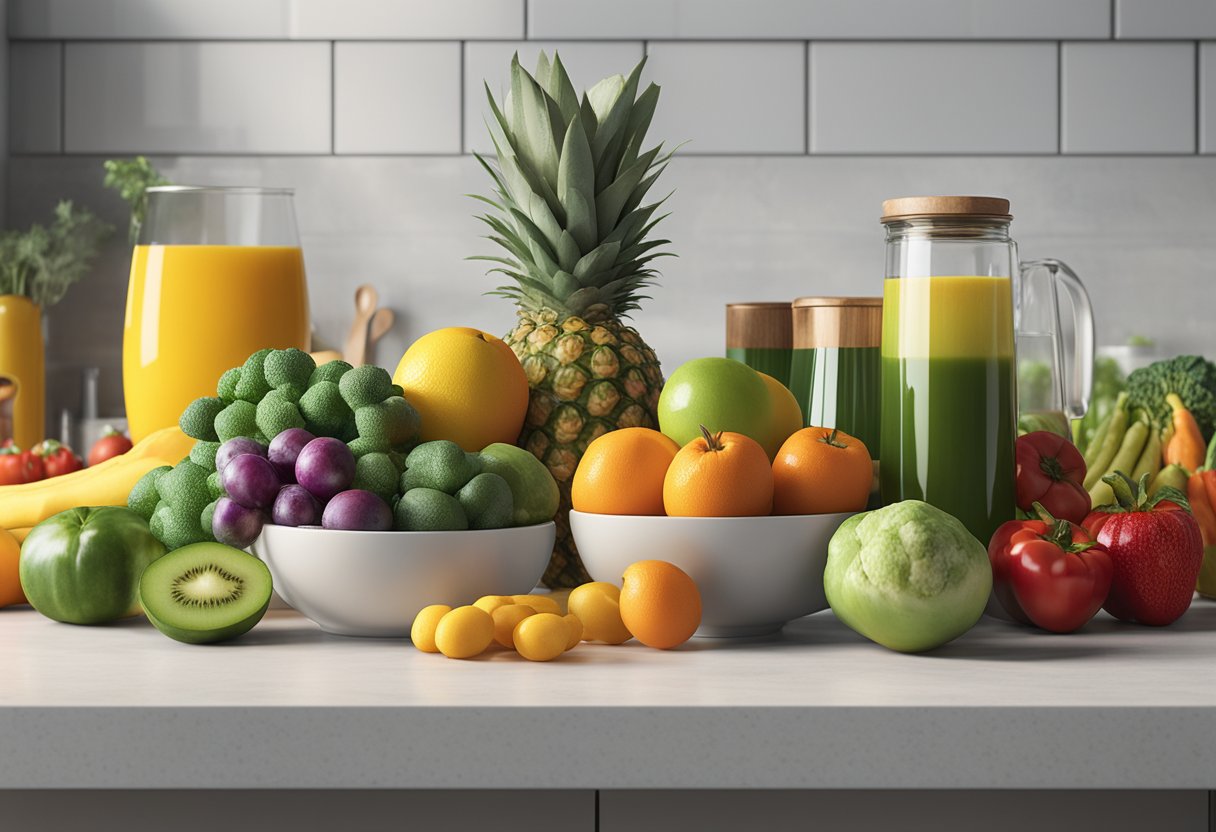 A colorful array of fresh fruits and vegetables, along with collagen supplements, arranged on a kitchen counter. A glass of water with a scoop of collagen powder dissolving in it