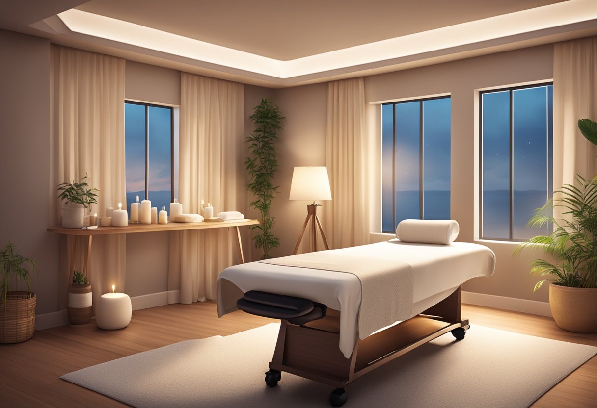 A serene massage room with soft lighting and calming music, a massage table with fresh linens, and soothing aromatherapy scents in the air