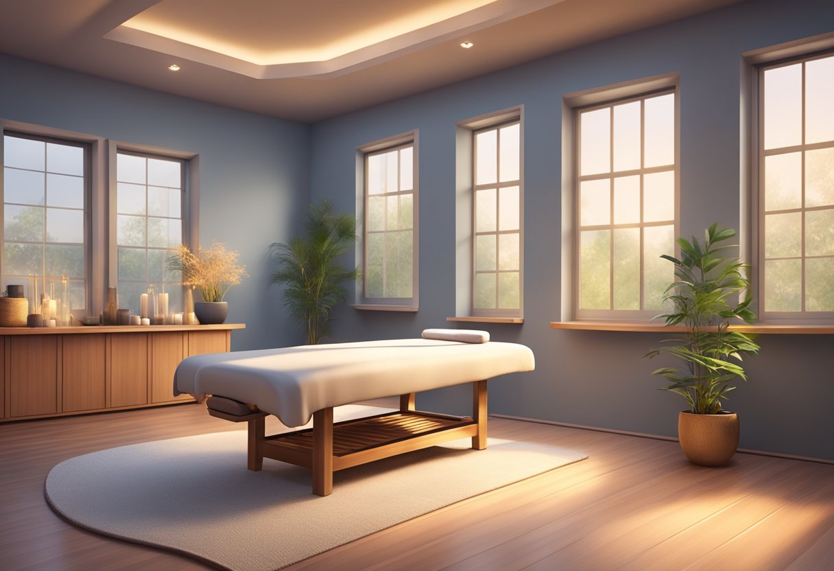 A serene massage room with soft lighting, calming music, and a comfortable massage table. Aromatherapy scents fill the air, creating a peaceful and relaxing atmosphere