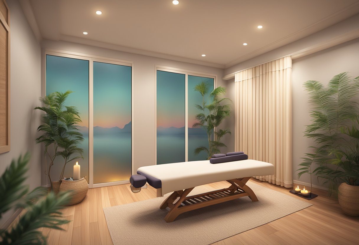 A tranquil massage room with soft lighting, a comfortable massage table, and soothing background music. A serene atmosphere with calming decor and essential oils