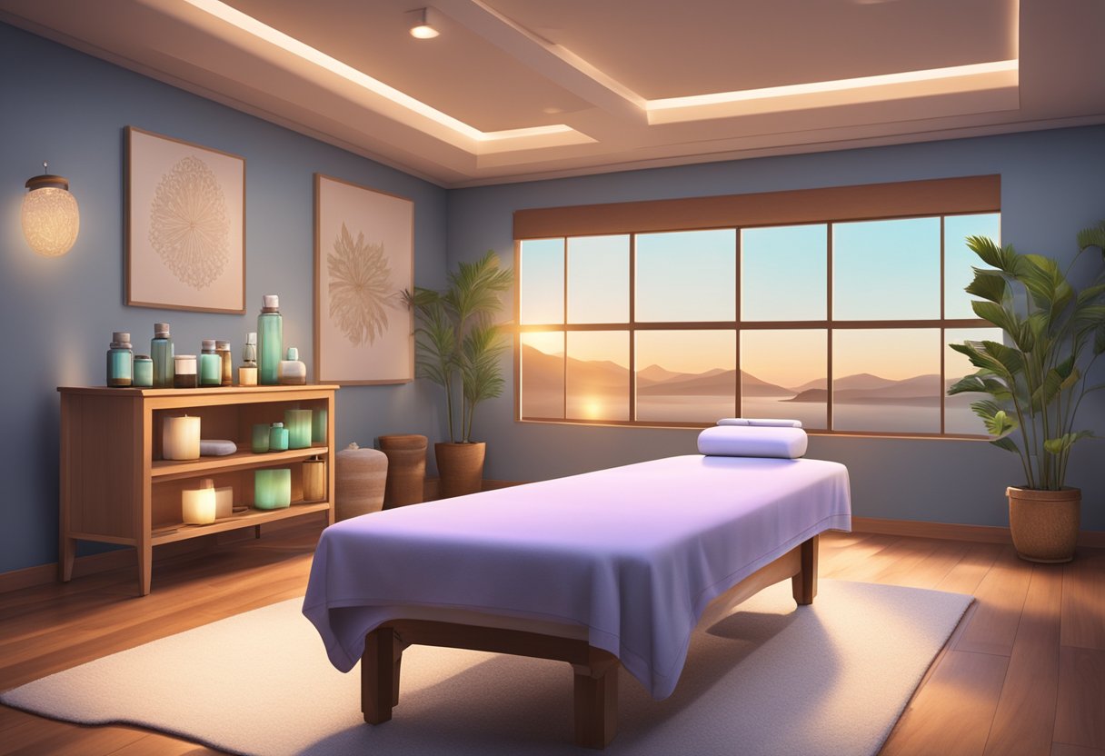 A cozy massage room with soft lighting, soothing music, and a comfortable massage table. A variety of essential oils and calming decor create a peaceful atmosphere for therapy