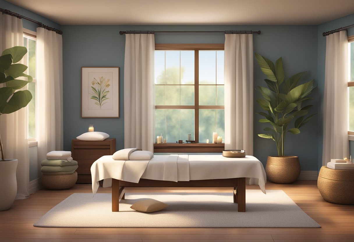 A serene massage room with soft lighting, calming music, and a comfortable massage table set up with fresh linens and essential oils