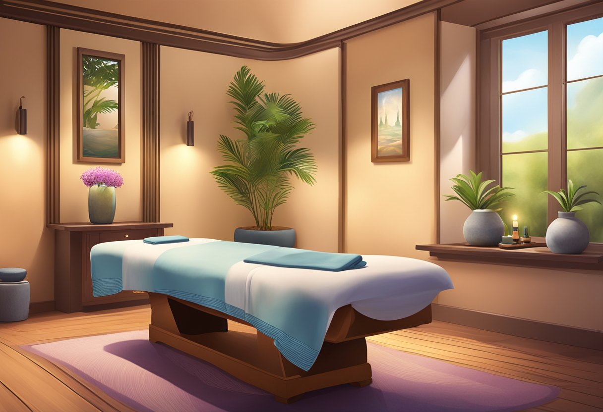 A serene massage room with soft lighting, soothing music, and a comfortable massage table. Aromatherapy scents fill the air, creating a relaxing atmosphere for specialized massage treatments