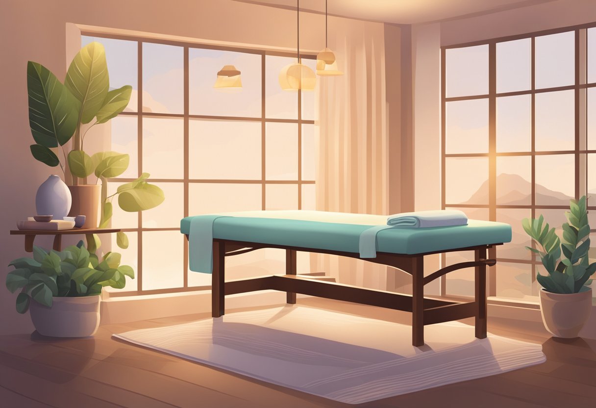 A serene massage room with soft lighting, calming colors, and comfortable furniture. A massage table with fresh linens and essential oils on a nearby shelf