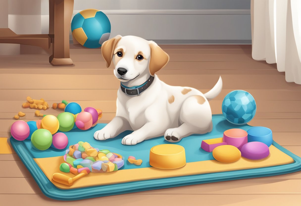 A puppy training area with toys, treats, and a soft mat for basic training