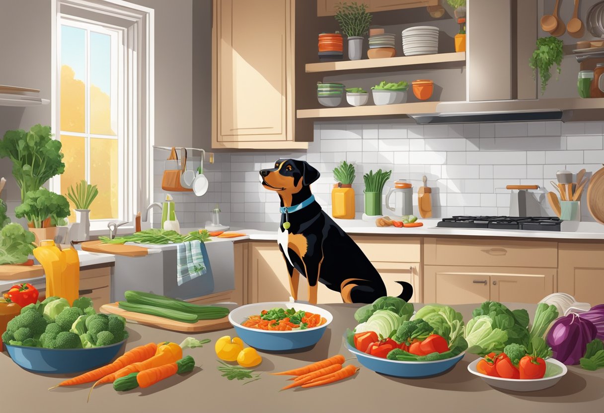 A dog eagerly looks up at a homemade meal being prepared in a clean kitchen, with fresh ingredients and colorful vegetables on the counter