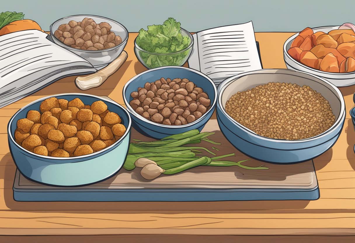 A kitchen counter with bowls of fresh meat, vegetables, and grains, along with a cookbook open to a page titled "Homemade Dog Food Recipes."