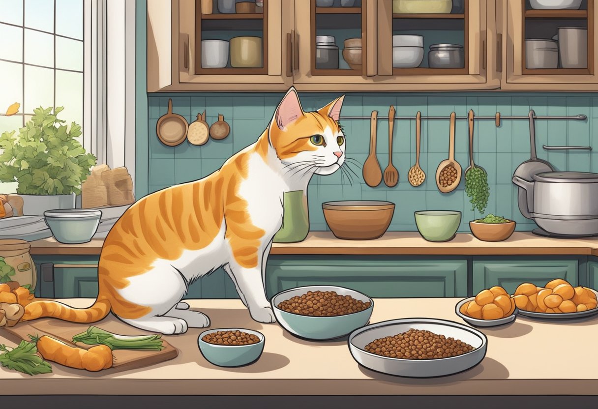 A cozy kitchen with bowls of homemade cat food, fresh ingredients, and a happy feline eagerly waiting for a taste